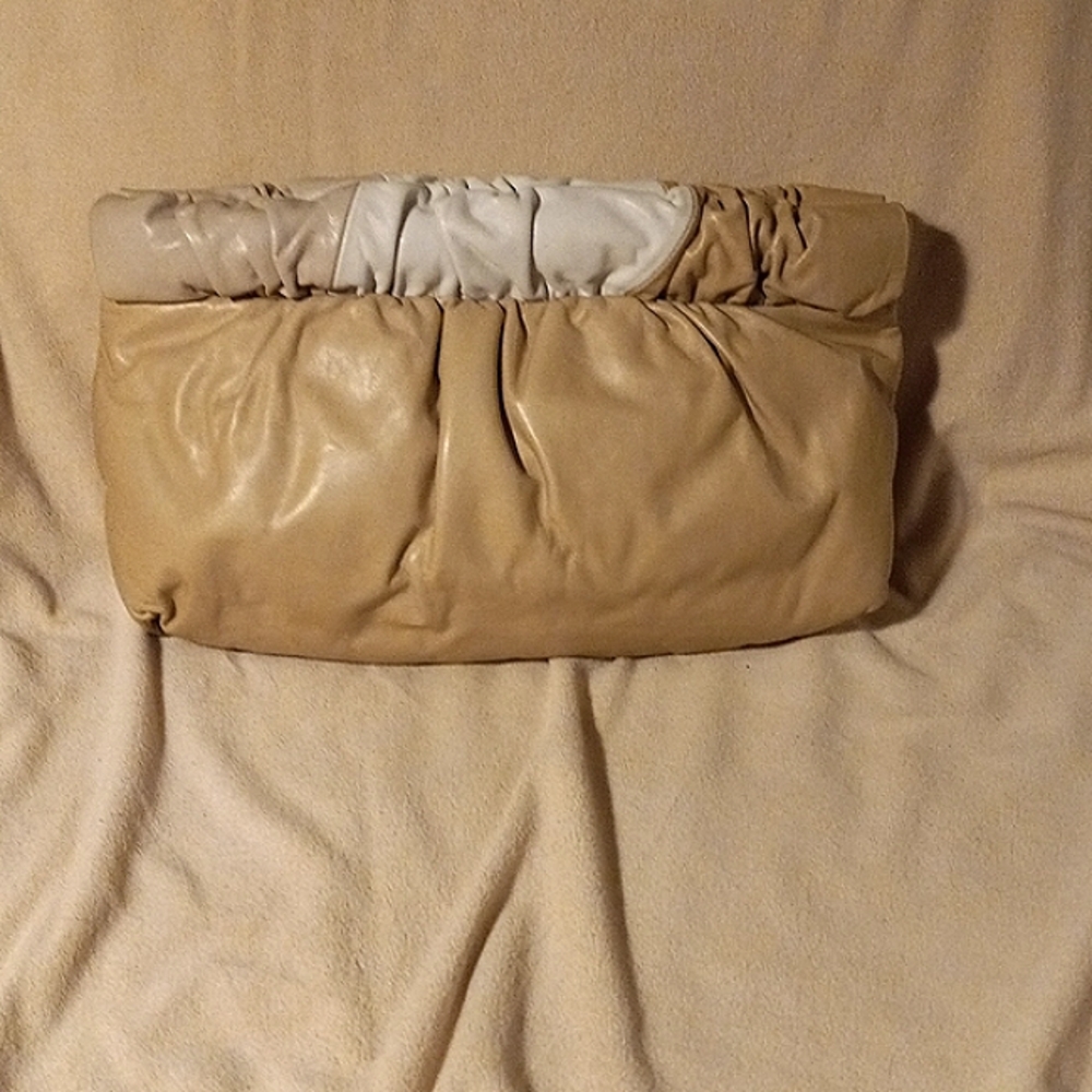 Morris Moskowitz tri colored taupe leather clutch.